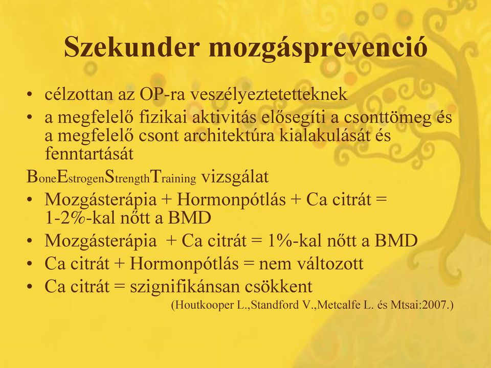 Mozgásterápia + Hormonpótlás + Ca citrát = 1-2%-kal nőtt a BMD Mozgásterápia + Ca citrát = 1%-kal nőtt a BMD Ca