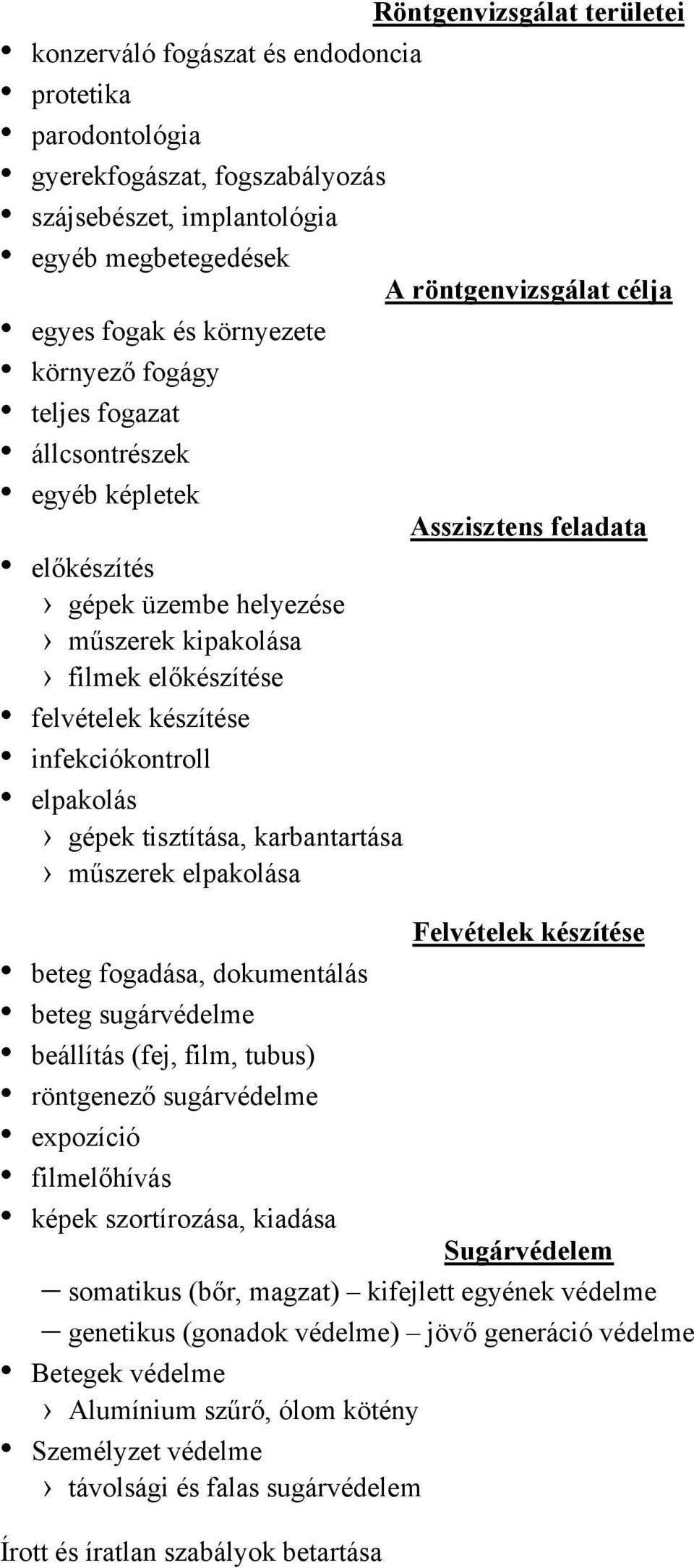 infekciókontroll elpakolás gépek tisztítása, karbantartása műszerek elpakolása Felvételek készítése beteg fogadása, dokumentálás beteg sugárvédelme beállítás (fej, film, tubus) röntgenező