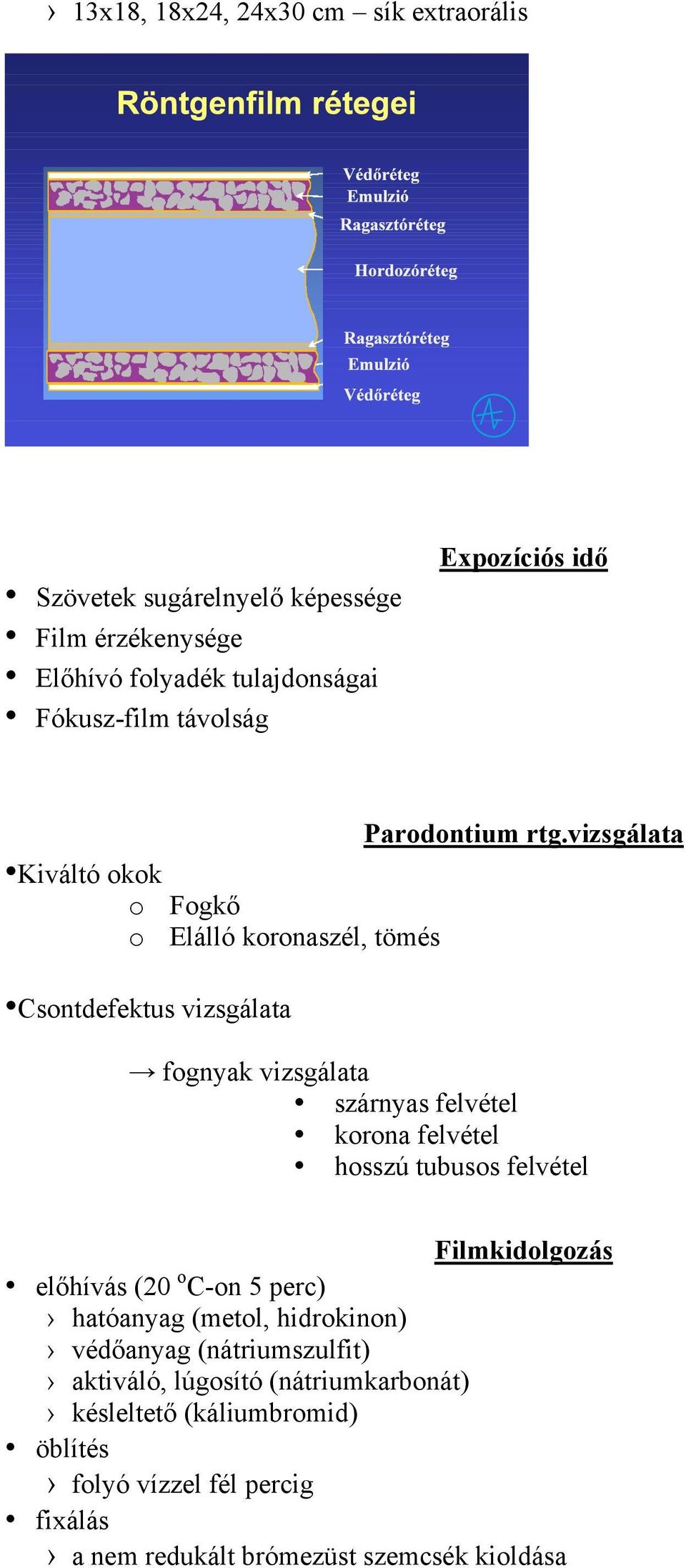 vizsgálata fognyak vizsgálata szárnyas felvétel korona felvétel hosszú tubusos felvétel Filmkidolgozás előhívás (20 o C-on 5 perc) hatóanyag