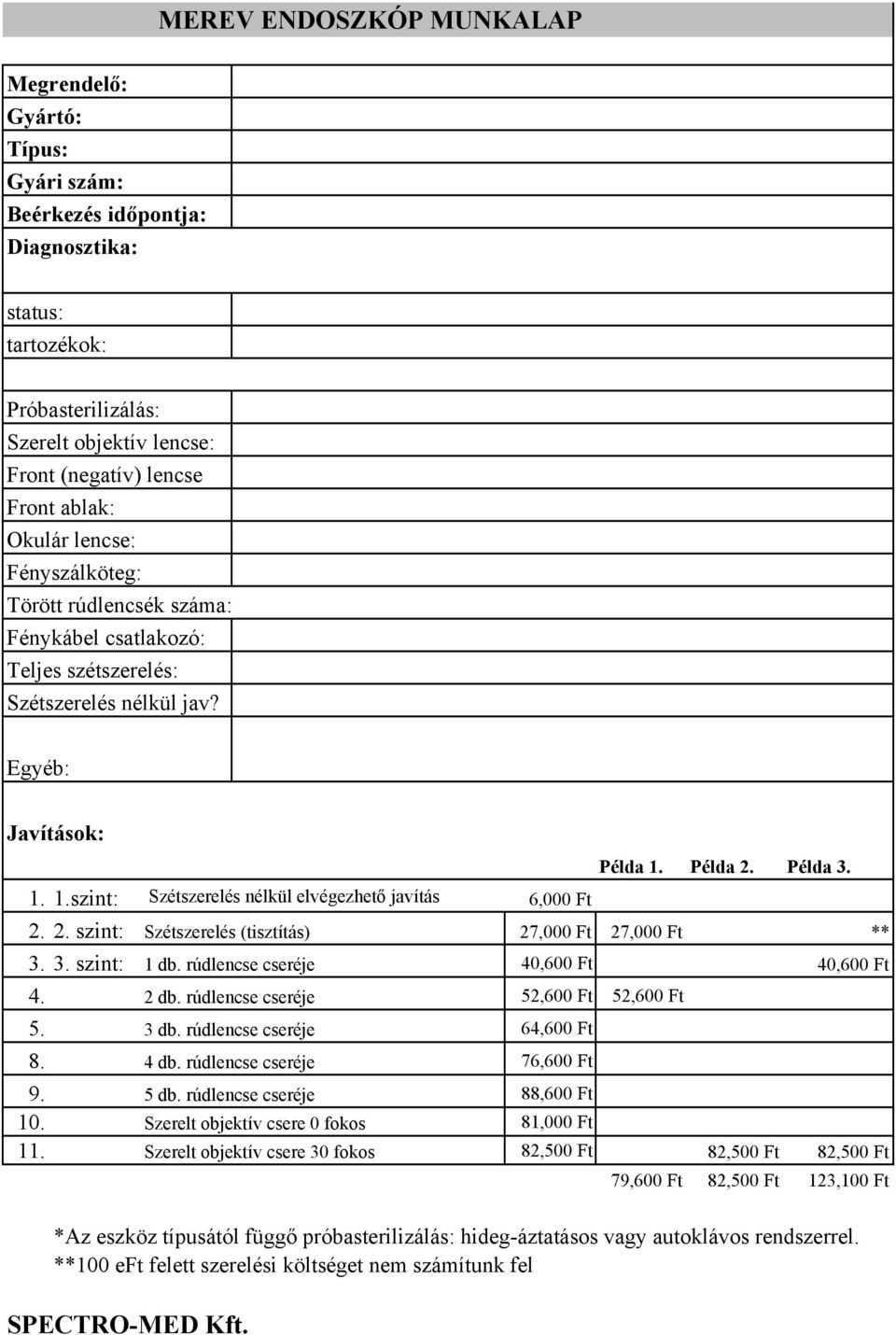 Példa 2. Példa 3. 1. 1.szint: Szétszerelés nélkül elvégezhető javítás 6,000 Ft 2. 2. szint: Szétszerelés (tisztítás) 27,000 Ft 27,000 Ft ** 3. 3. szint: 1 db. rúdlencse cseréje 40,600 Ft 40,600 Ft 4.