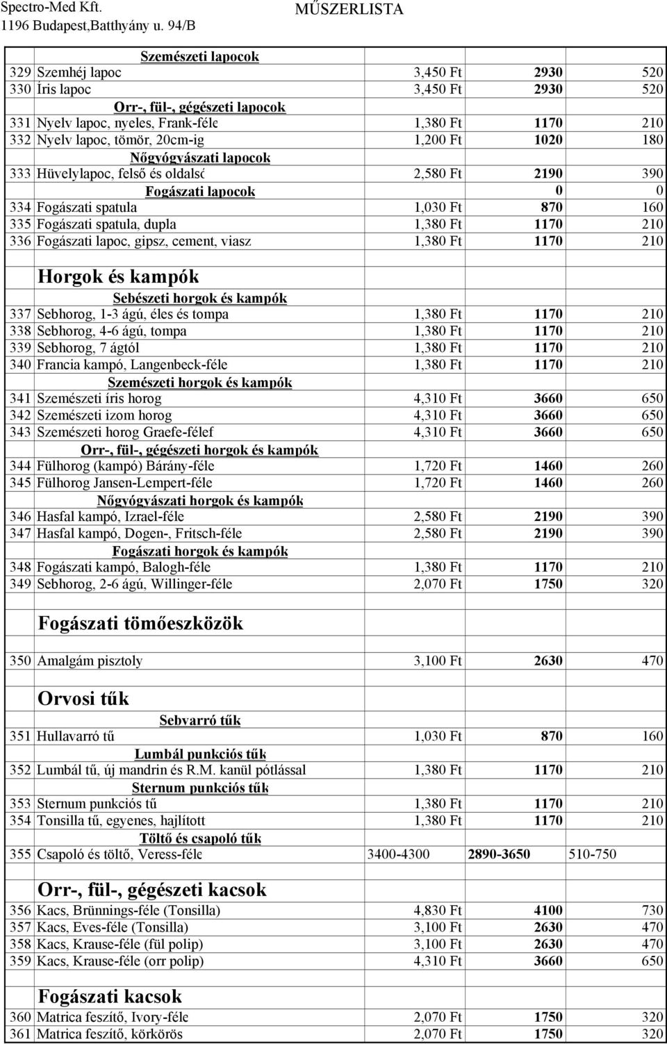 1170 210 336 Fogászati lapoc, gipsz, cement, viasz 1,380 Ft 1170 210 Horgok és kampók Sebészeti horgok és kampók 337 Sebhorog, 1-3 ágú, éles és tompa 1,380 Ft 1170 210 338 Sebhorog, 4-6 ágú, tompa