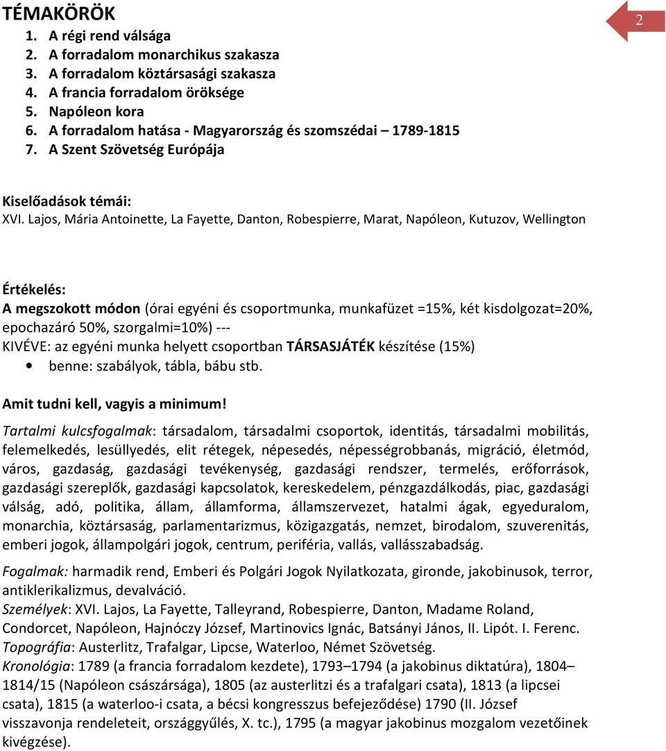 Lajos, Mária Antoinette, La Fayette, Danton, Robespierre, Marat, Napóleon, Kutuzov, Wellington Értékelés: A megszokott módon (órai egyéni és csoportmunka, munkafüzet =15%, két kisdolgozat=20%,