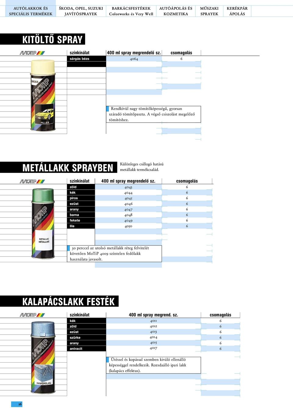 színkínálat zöld kék piros ezüst arany barna fekete lila 400 ml spray 4043 4044 4045 404 4047 4048 4049 4050 30 perccel az utolsó metállakk réteg felvitelét követően MoTiP 4009 színtelen fedőlakk