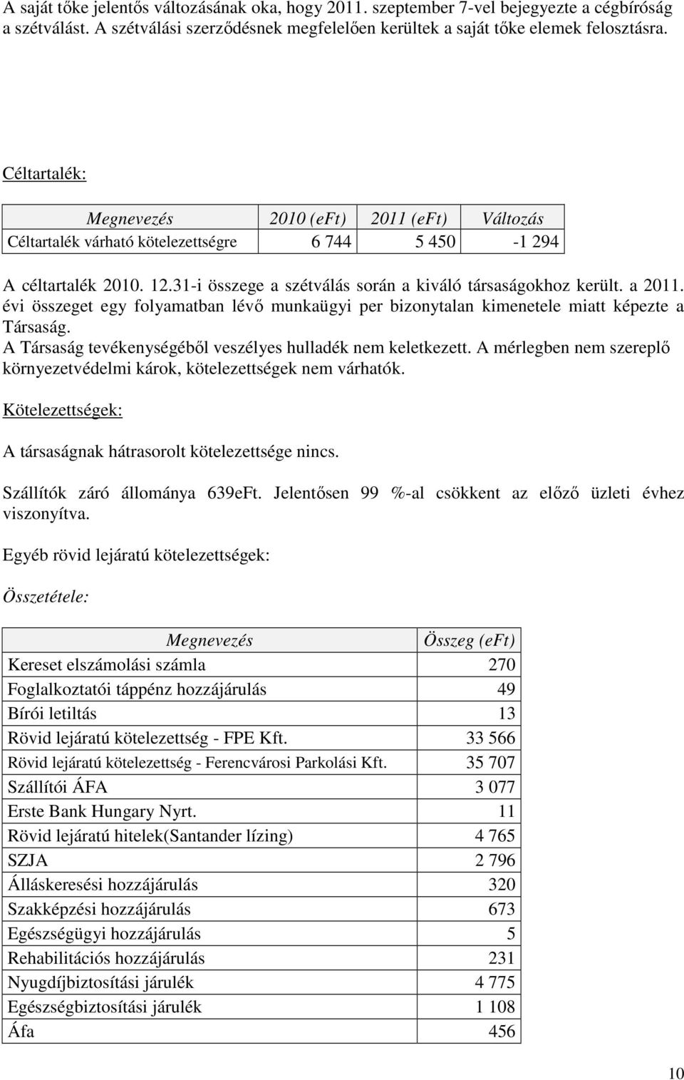 évi összeget egy folyamatban lévı munkaügyi per bizonytalan kimenetele miatt képezte a Társaság. A Társaság tevékenységébıl veszélyes hulladék nem keletkezett.