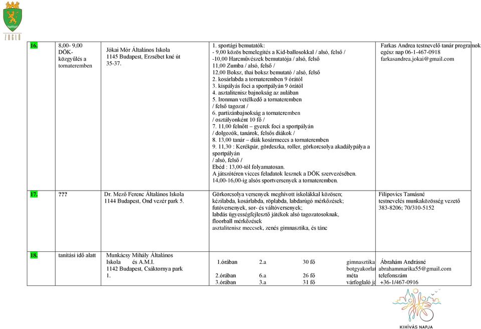 sportági bemutatók: - 9,00 közös bemelegítés a Kid-ballosokkal / alsó, felső / -10,00 Harcművészek bemutatója / alsó, felső 11,00 Zumba / alsó, felső / 12,00 Boksz, thai boksz bemutató / alsó, felső