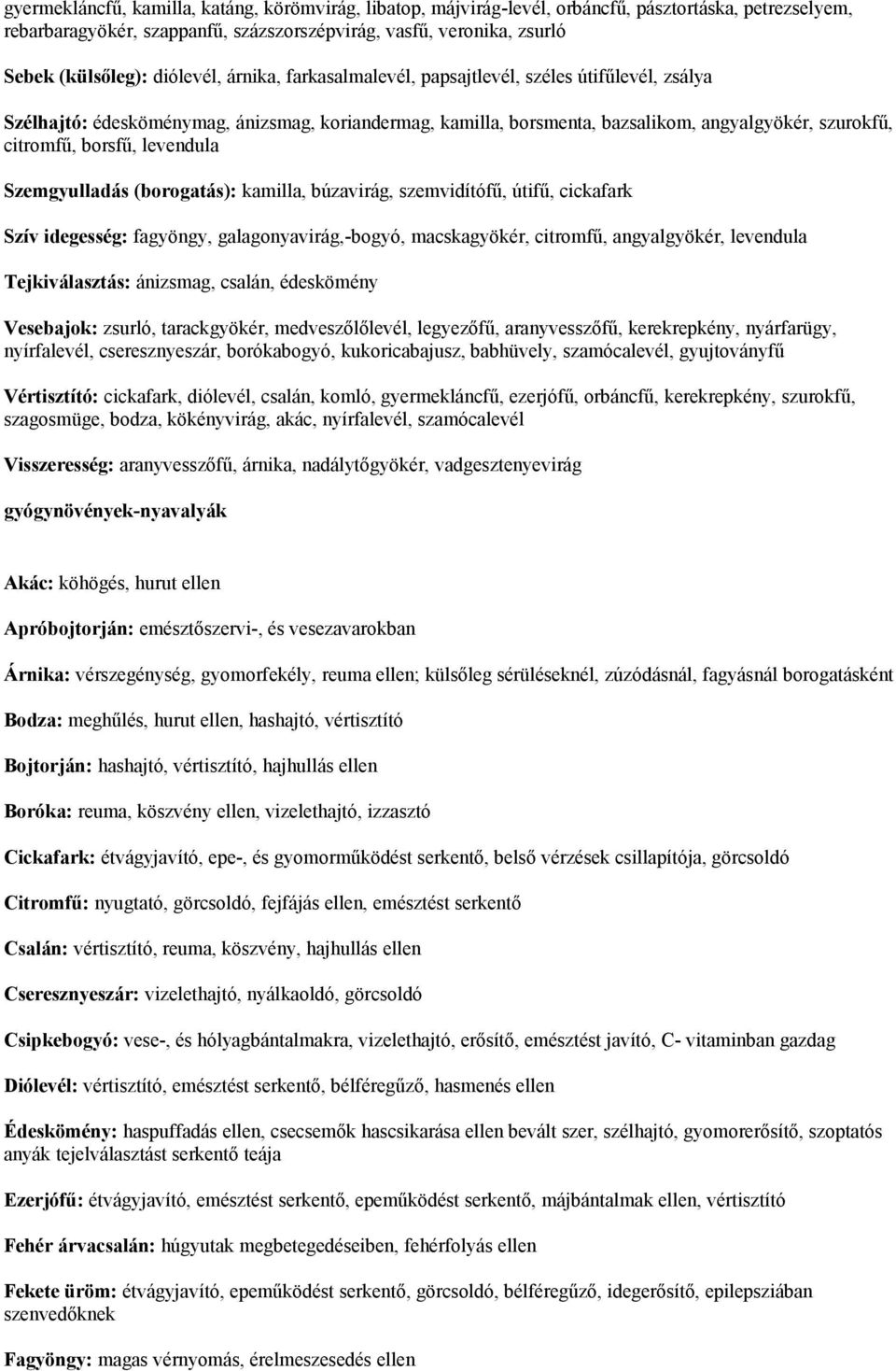 levendula Szemgyulladás (borogatás): kamilla, búzavirág, szemvidítófű, útifű, cickafark Szív idegesség: fagyöngy, galagonyavirág,-bogyó, macskagyökér, citromfű, angyalgyökér, levendula