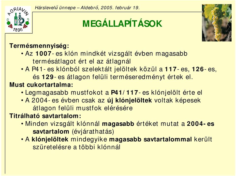 Must cukortartalma: Legmagasabb mustfokot a P41/117-es klónjelölt érte el A 2004-es évben csak az új klónjelöltek voltak képesek átlagon felüli