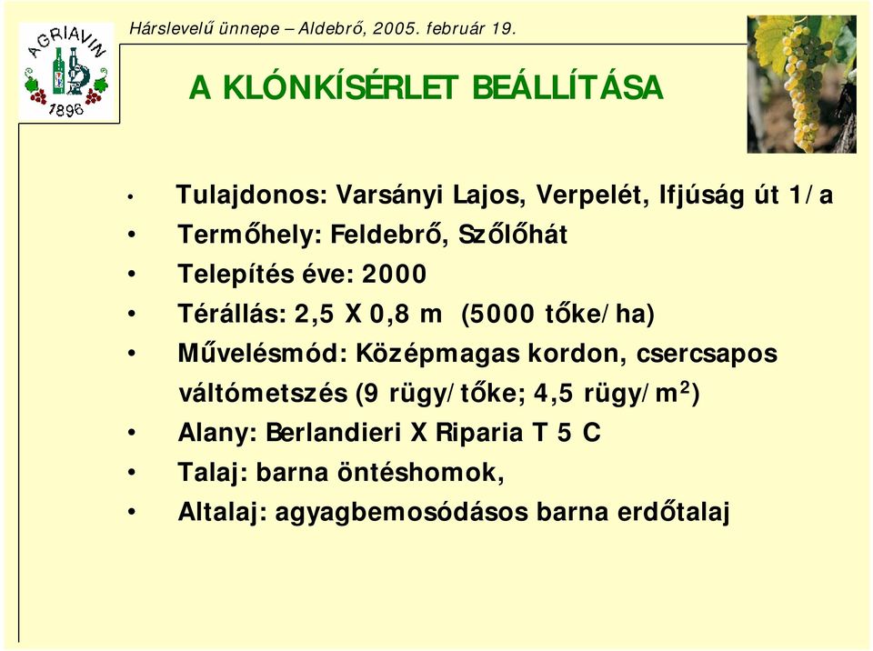 Művelésmód: Középmagas kordon, csercsapos váltómetszés (9 rügy/tőke; 4,5 rügy/m 2 )