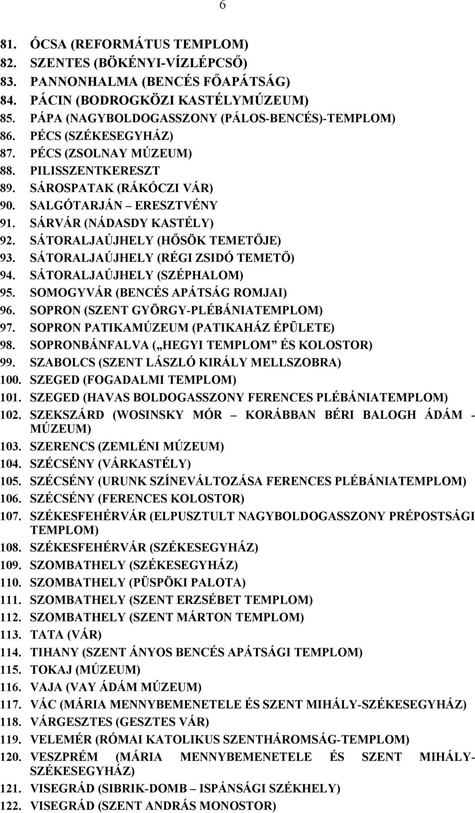 SÁTORALJAÚJHELY (RÉGI ZSIDÓ TEMETŐ) 94. SÁTORALJAÚJHELY (SZÉPHALOM) 95. SOMOGYVÁR (BENCÉS APÁTSÁG ROMJAI) 96. SOPRON (SZENT GYÖRGY-PLÉBÁNIATEMPLOM) 97. SOPRON PATIKAMÚZEUM (PATIKAHÁZ ÉPÜLETE) 98.