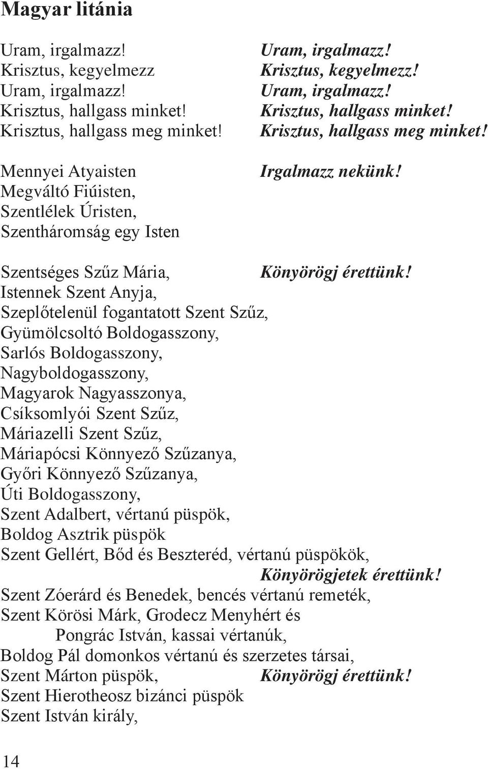 Istennek Szent Anyja, Szeplőtelenül fogantatott Szent Szűz, Gyümölcsoltó Boldogasszony, Sarlós Boldogasszony, Nagyboldogasszony, Magyarok Nagyasszonya, Csíksomlyói Szent Szűz, Máriazelli Szent Szűz,