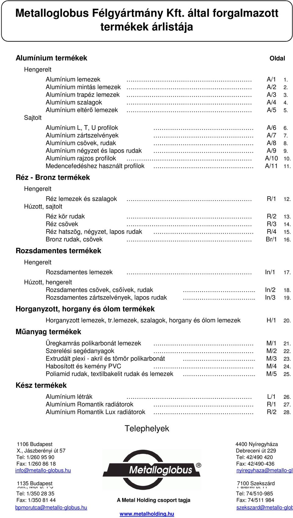 Alumínium rajzos profilok A/10 10. Medencefedéshez használt profilok A/11 11. Réz - Bronz termékek Hengerelt Réz lemezek és szalagok R/1 12. Húzott, sajtolt Réz kör rudak R/2 13. Réz csövek R/3 14.