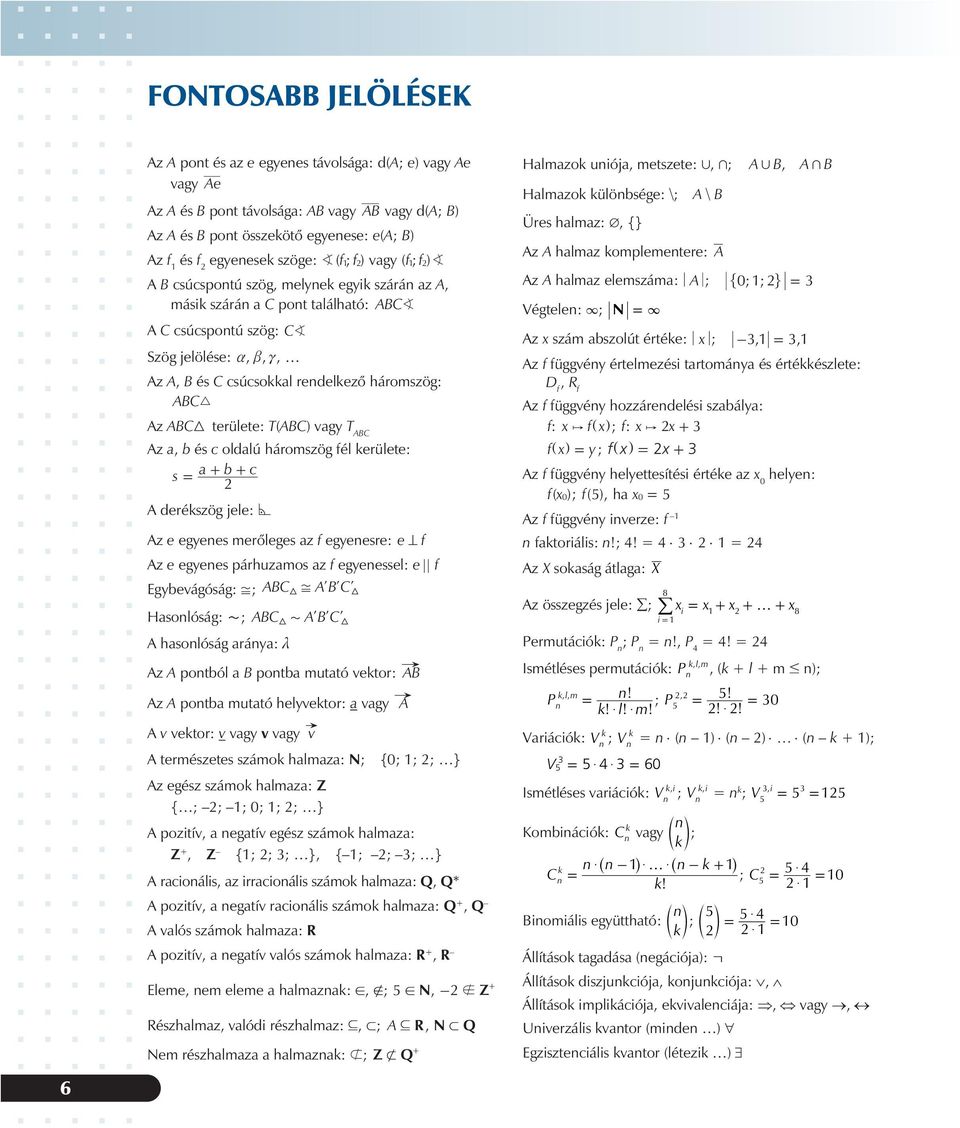 rendelkezõ háromszög: ABC9 Az ABC9 területe: T(ABC) vagy T ABC Az a, b és c oldalú háromszög fél kerülete: s a b c + + A derékszög jele: * Az e egyenes merõleges az f egyenesre: e f Az e egyenes