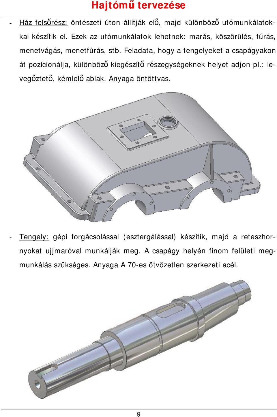 Feladata, hogy a tengelyeket a csapágyakon át pozícionálja, különböző kiegészítő részegységeknek helyet adjon pl.