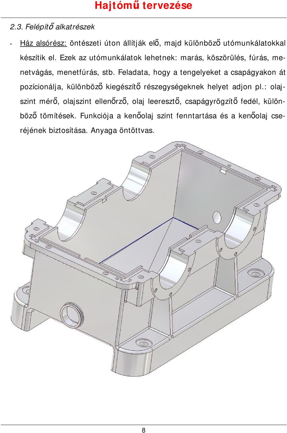 Feladata, hogy a tengelyeket a csapágyakon át pozícionálja, különböző kiegészítő részegységeknek helyet adjon pl.