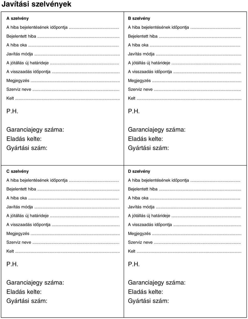 .. Bejelentett hiba... A hiba oka... Javítás módja... A jótállás új határideje... A visszaadás idôpontja... Megjegyzés... Szerviz neve... Kelt... P.H. D szelvény A hiba bejelentésének idôpontja.