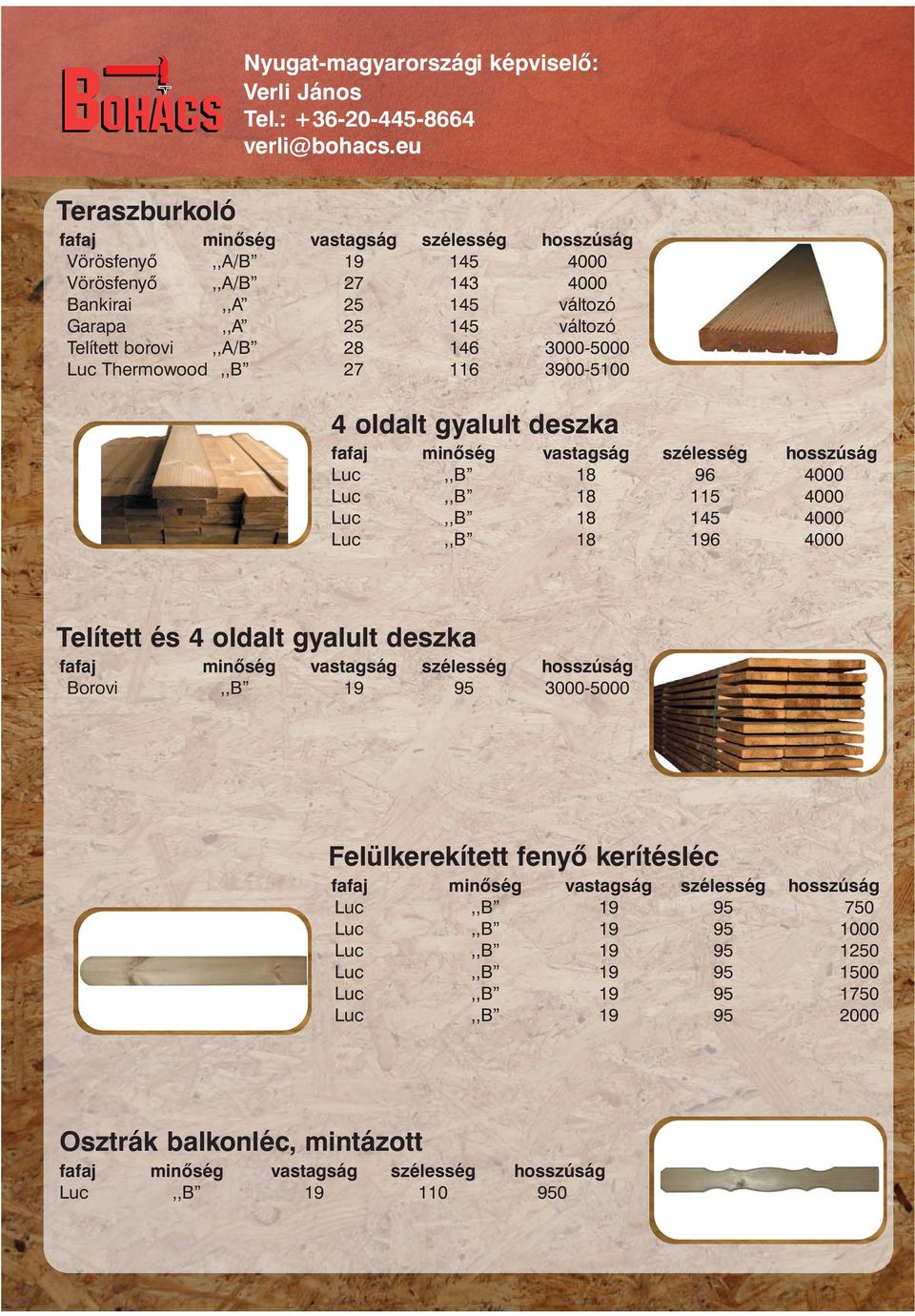 3000-5000 Luc Thermowood,,B 27 116 3900-5100 4 oldalt gyalult deszka Luc,,B 18 96 4000 Luc,,B 18 115 4000 Luc,,B 18 145 4000 Luc,,B 18 196 4000 Telített és