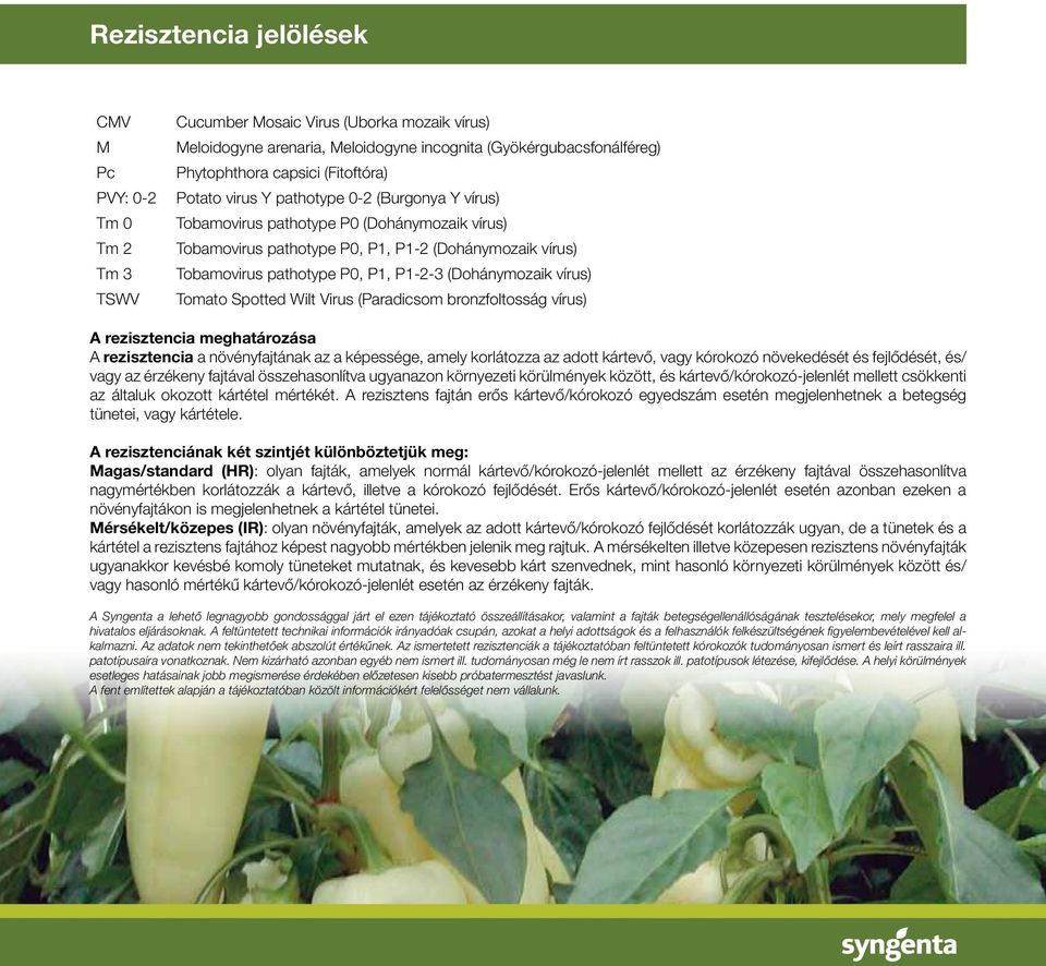 (Dohánymozaik vírus) Tomato Spotted Wilt Virus (Paradicsom bronzfoltosság vírus) A rezisztencia meghatározása A rezisztencia a növényfajtának az a képessége, amely korlátozza az adott kártevô, vagy