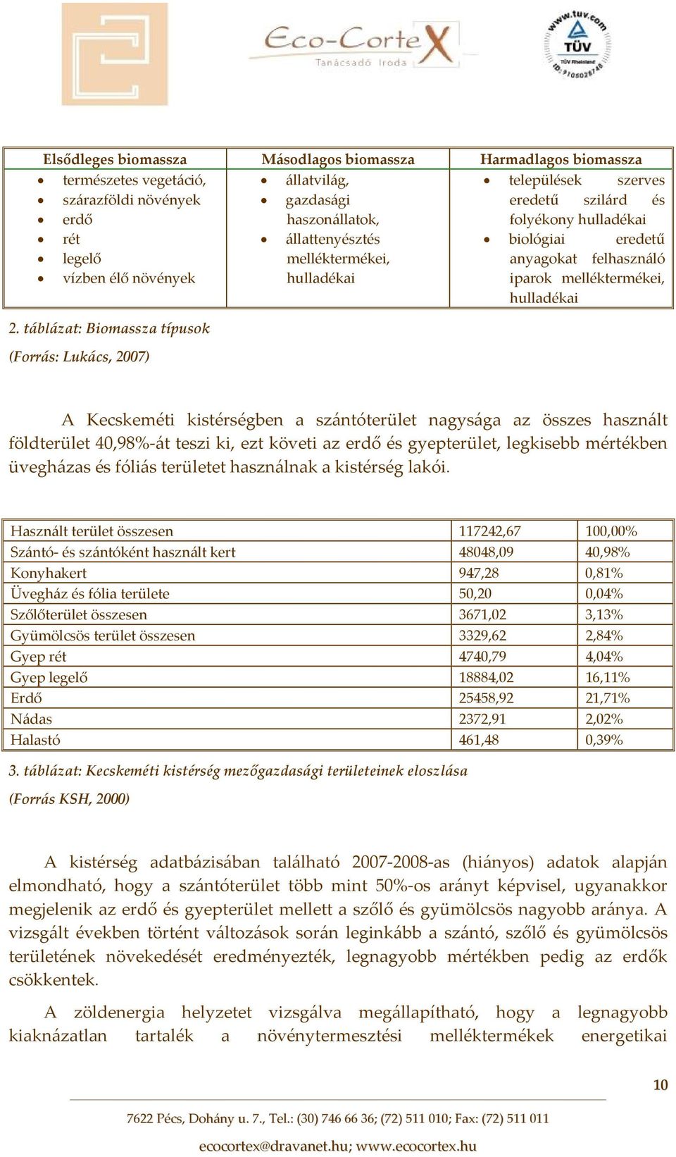 biológiai eredetű anyagokat felhasználó iparok melléktermékei, hulladékai A Kecskeméti kistérségben a szántóterület nagysága az összes használt földterület 40,98% át teszi ki, ezt követi az erdő és