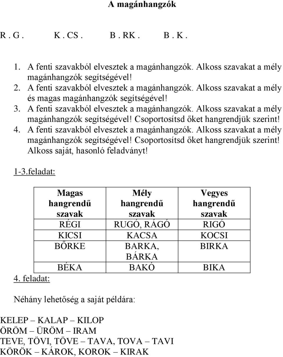 1-3.feladat: Magas hangrendű szavak Mély hangrendű szavak Vegyes hangrendű szavak RÉGI RUGÓ, RÁGÓ RIGÓ KICSI KACSA KOCSI BŐRKE BARKA, BIRKA BÁRKA BÉKA BAKÓ BIKA 4.