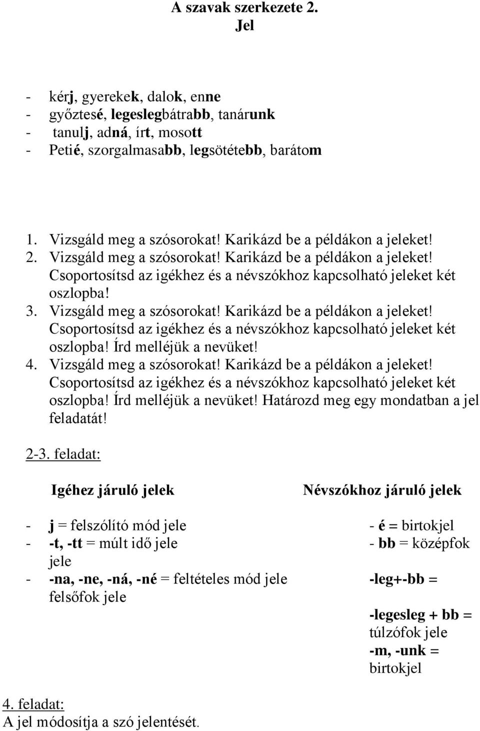 Vizsgáld meg a szósorokat! Karikázd be a példákon a jeleket! Csoportosítsd az igékhez és a névszókhoz kapcsolható jeleket két oszlopba! Írd melléjük a nevüket! 4. Vizsgáld meg a szósorokat!