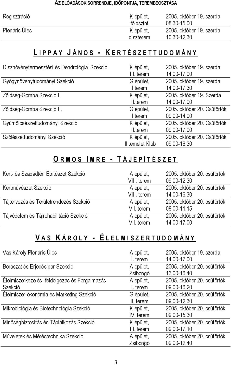 Gyümölcsészettudományi Szekció Szőlészettudományi Szekció K épület, III. terem G épület, I.terem K épület, II.terem G épület, I.terem K épület, II.terem K épület, III.emelet Klub 2005. október 19.