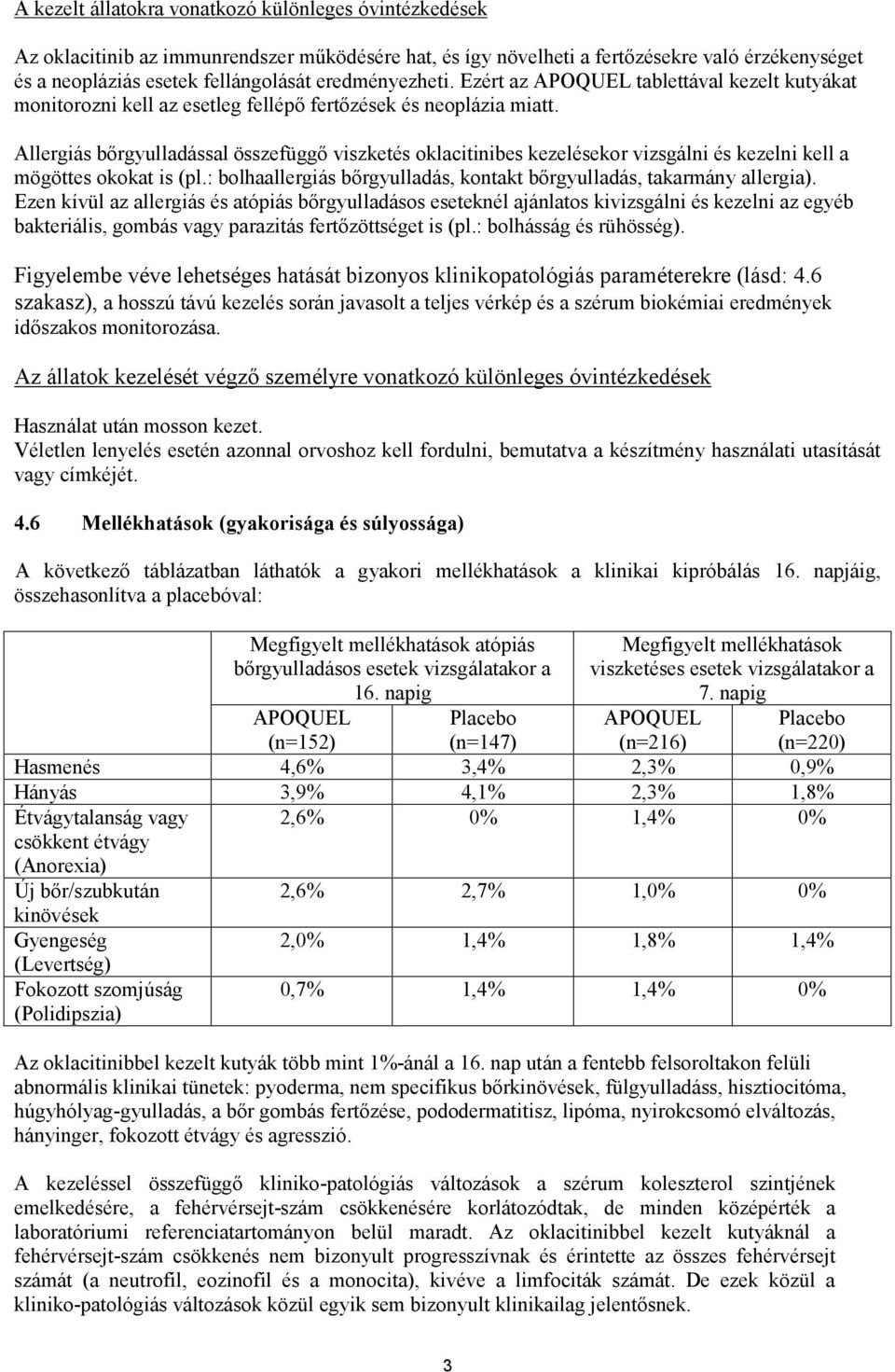 Allergiás bőrgyulladással összefüggő viszketés oklacitinibes kezelésekor vizsgálni és kezelni kell a mögöttes okokat is (pl.: bolhaallergiás bőrgyulladás, kontakt bőrgyulladás, takarmány allergia).