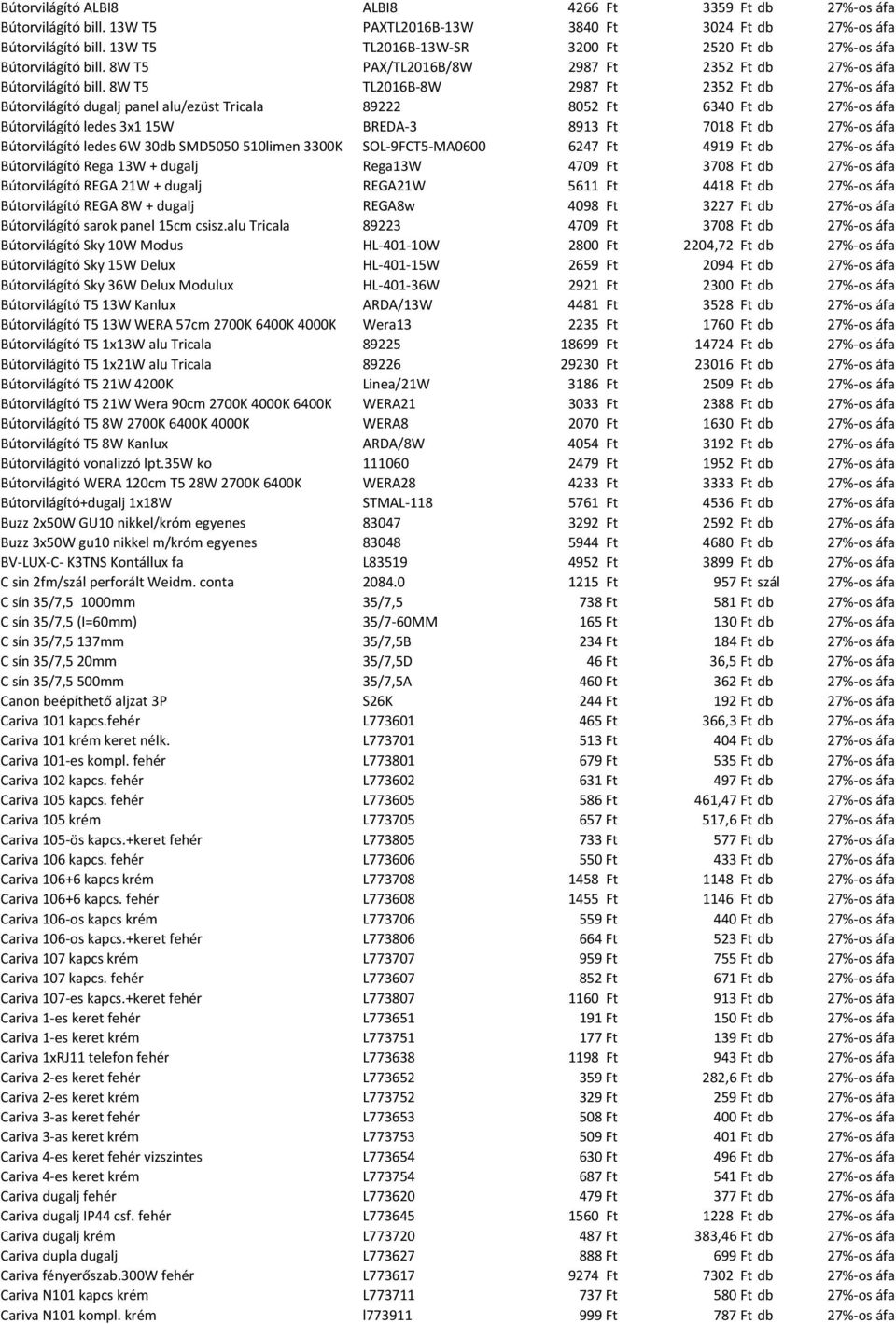 8W T5 TL2016B 8W 2987 Ft 2352 Ft db 27% os áfa Bútorvilágító dugalj panel alu/ezüst Tricala 89222 8052 Ft 6340 Ft db 27% os áfa Bútorvilágító ledes 3x1 15W BREDA 3 8913 Ft 7018 Ft db 27% os áfa