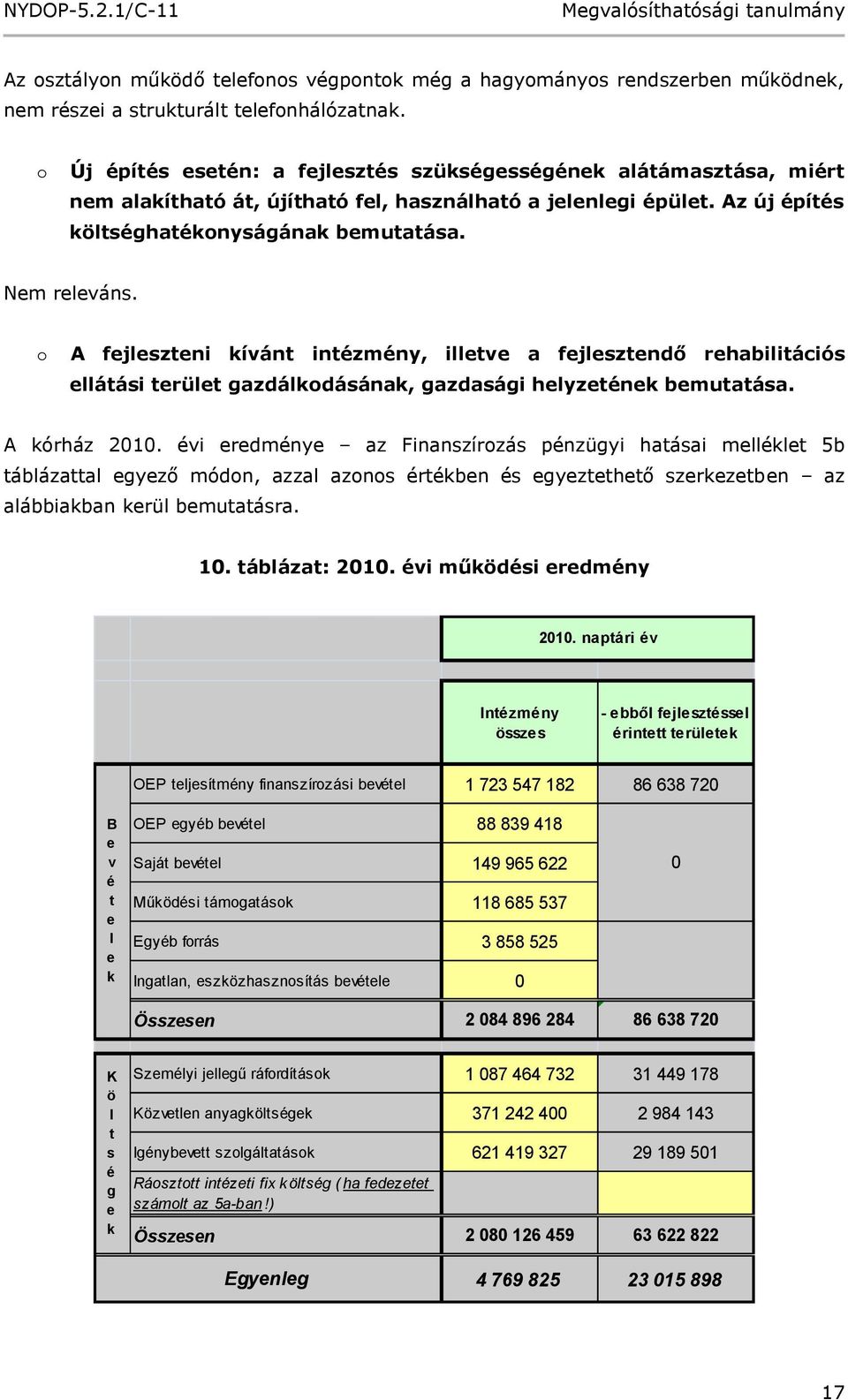 o A fejleszteni kívánt intézmény, illetve a fejlesztendő rehabilitációs ellátási terület gazdálkodásának, gazdasági helyzetének bemutatása. A kórház 2010.