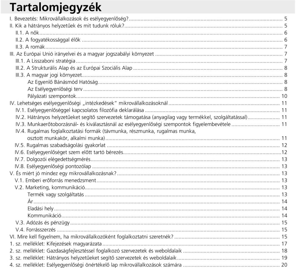 A magyar jogi környezet... 8 Az Egyenlô Bánásmód Hatóság... 8 Az Esélyegyenlôségi terv... 8 Pályázati szempontok... 10 IV. Lehetséges esélyegyenlôségi intézkedések mikrovállalkozásoknál... 11 IV.1. Esélyegyenlôséggel kapcsolatos filozófia deklarálása.