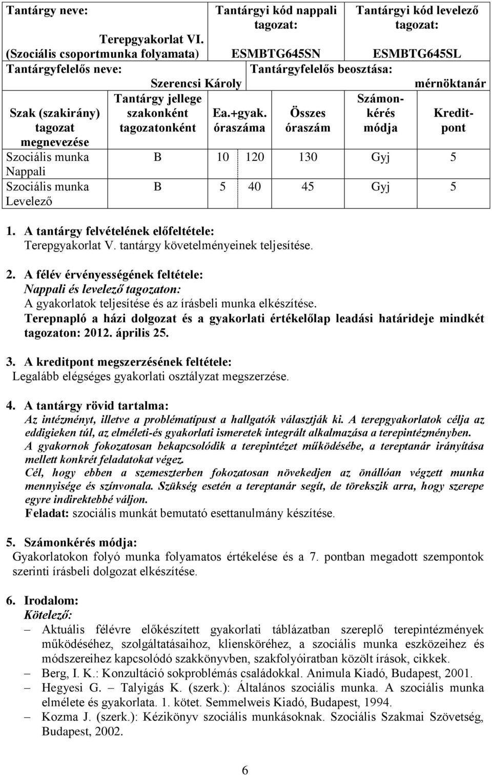 Szociális munka Levelező Tantárgy jellege szakonként tagozatonként Ea.+gyak. óraszáma Összes óraszám Számonkérés módja Kreditpont B 10 120 130 Gyj 5 B 5 40 45 Gyj 5 1.