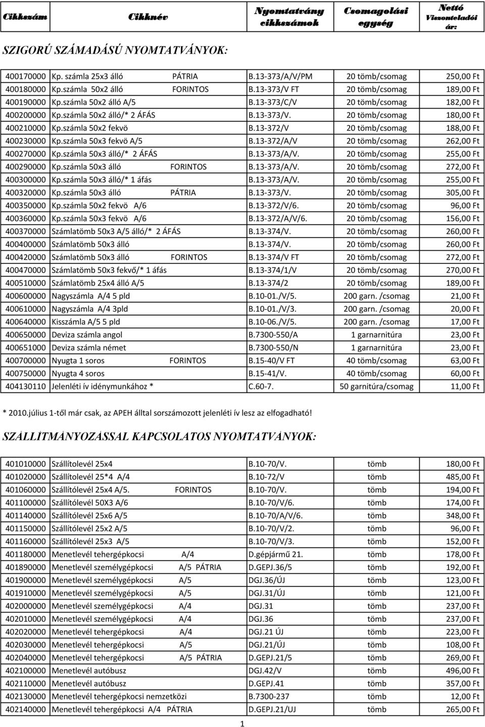 számla 50x2 fekvö B.13-372/V 20 tömb/csomag 188,00 Ft 400230000 Kp.számla 50x3 fekvö A/5 B.13-372/A/V 20 tömb/csomag 262,00 Ft 400270000 Kp.számla 50x3 álló/* 2 ÁFÁS B.13-373/A/V.