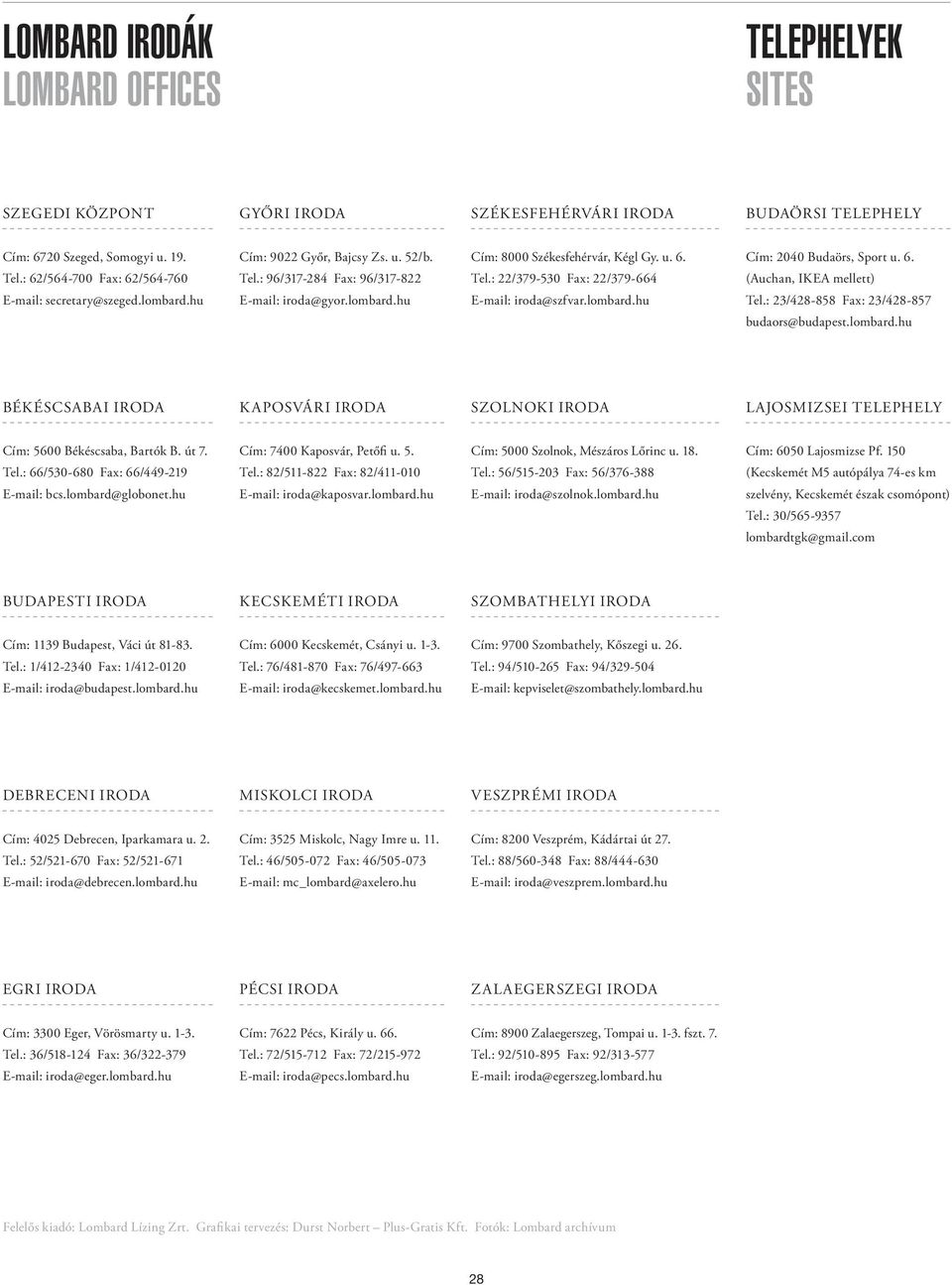 u. 6. Tel.: 22/379-530 Fax: 22/379-664 E-mail: iroda@szfvar.lombard.hu Cím: 2040 Budaörs, Sport u. 6. (Auchan, IKEA mellett) Tel.: 23/428-858 Fax: 23/428-857 budaors@budapest.lombard.hu Békéscsabai Iroda Kaposvári Iroda Szolnoki Iroda Lajosmizsei telephely Cím: 5600 Békéscsaba, Bartók B.