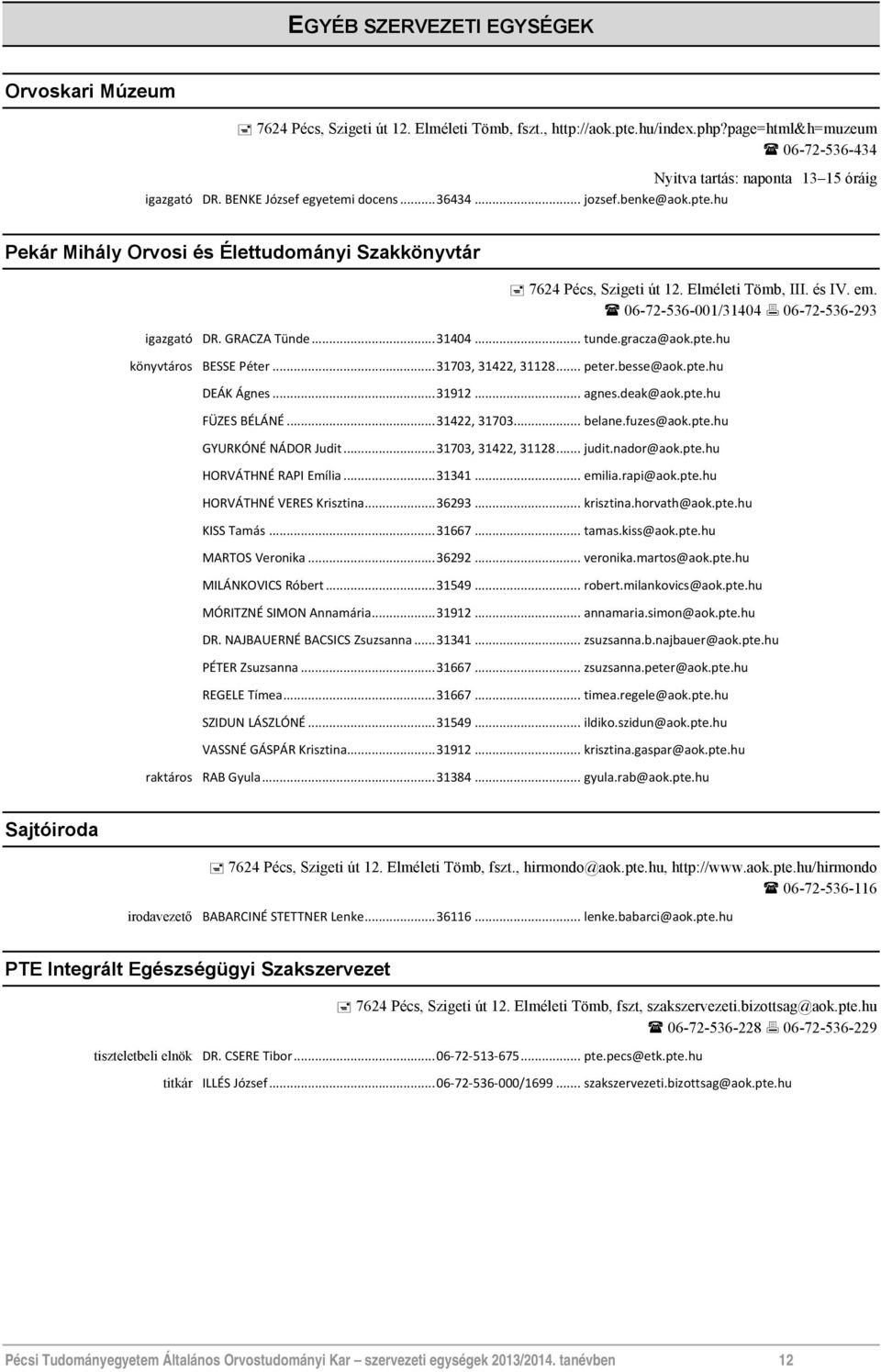 06-72-536-001/31404 06-72-536-293 igazgató DR. GRACZA Tünde... 31404... tunde.gracza@aok.pte.hu könyvtáros BESSE Péter... 31703, 31422, 31128... peter.besse@aok.pte.hu DEÁK Ágnes... 31912... agnes.