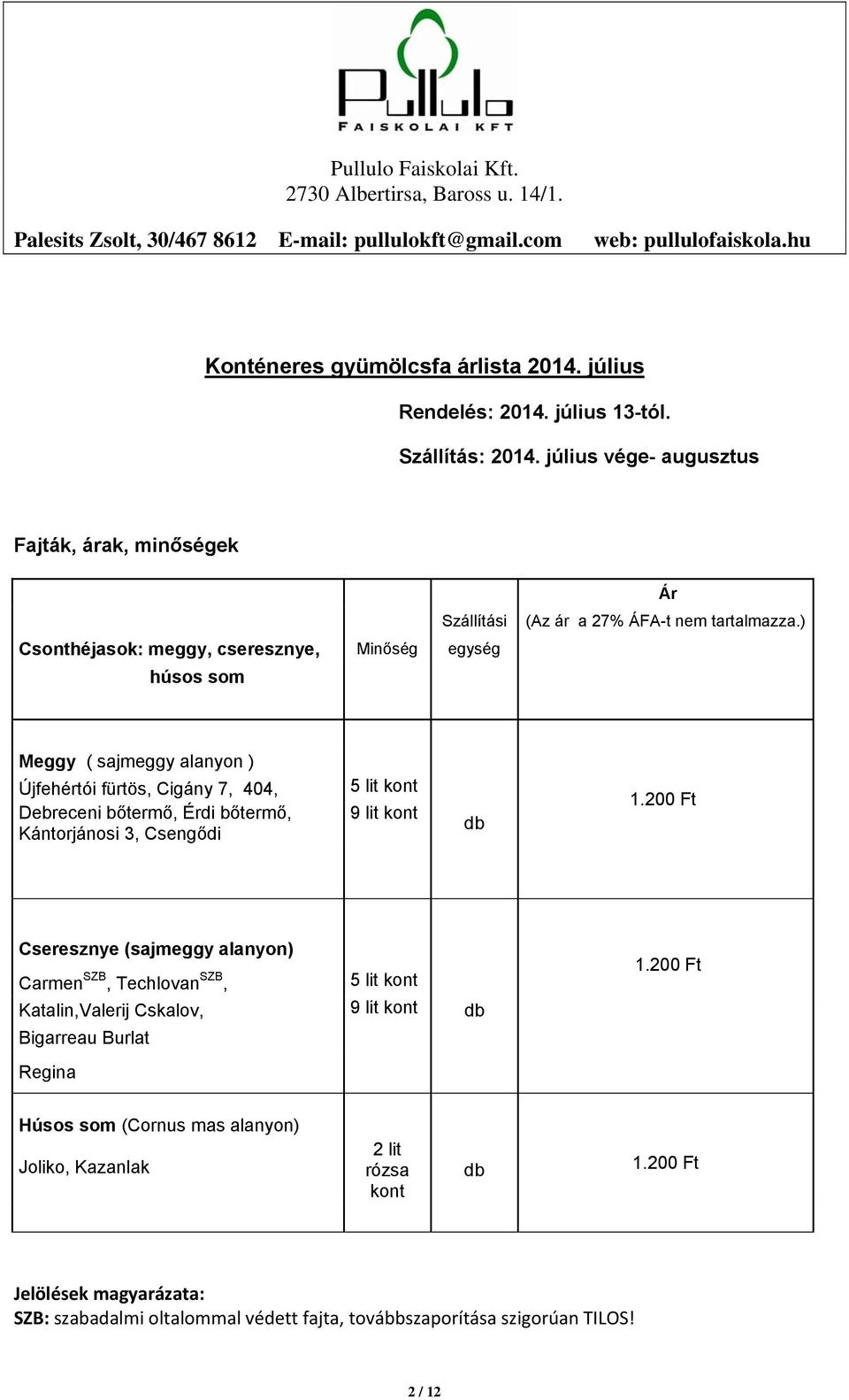 ) Meggy ( sajmeggy alanyon ) Újfehértói fürtös, Cigány 7, 404, Debreceni bőtermő, Érdi bőtermő, Kántorjánosi 3, Csengődi 5 lit kont 9 lit kont db Cseresznye (sajmeggy