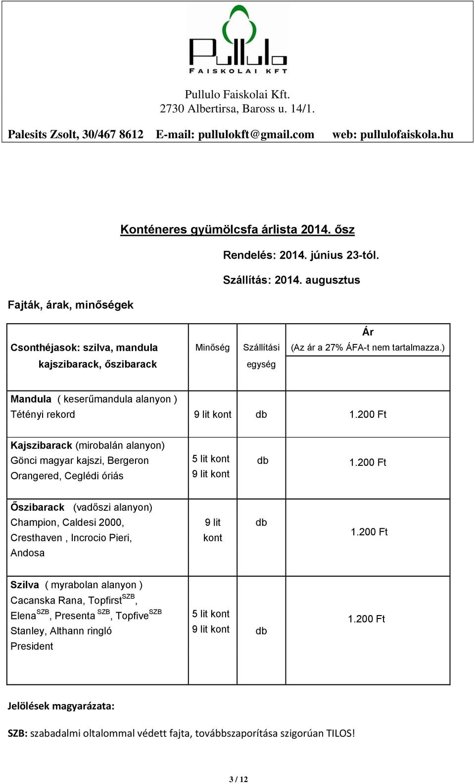 ) kajszibarack, őszibarack egység Mandula ( keserűmandula alanyon ) Tétényi rekord 9 lit kont db Kajszibarack (mirobalán alanyon) Gönci magyar kajszi, Bergeron 5 lit kont db Orangered, Ceglédi