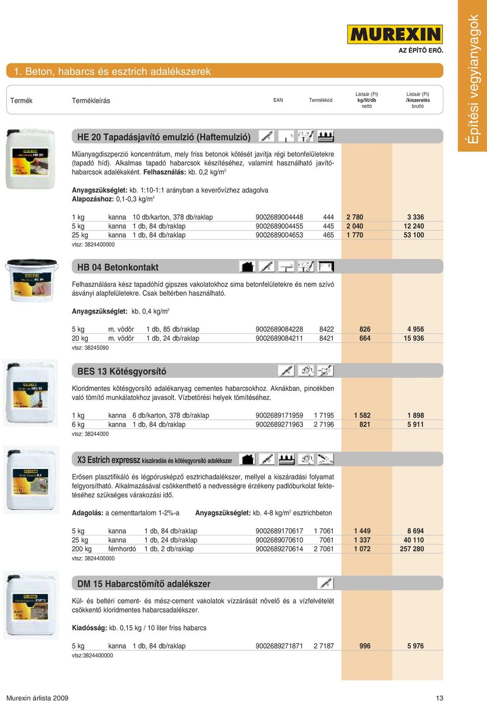 1:10-1:1 arányban a keverôvízhez adagolva Alapozáshoz: 0,1-0,3 kg/m 2 1 kg kanna 10 db/karton, 378 db/raklap 9002689004448 444 2 780 3 336 5 kg kanna 1 db, 84 db/raklap 9002689004455 445 2 040 12 240