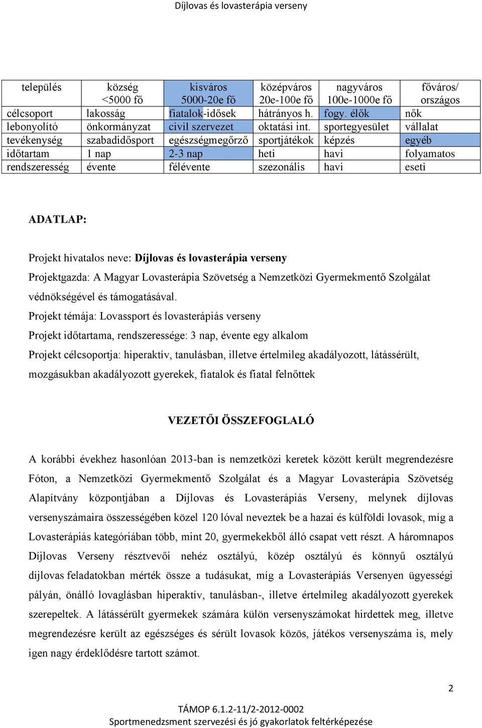 sportegyesület vállalat tevékenység szabadidősport egészségmegőrző sportjátékok képzés egyéb időtartam 1 nap 2-3 nap heti havi folyamatos rendszeresség évente félévente szezonális havi eseti ADATLAP: