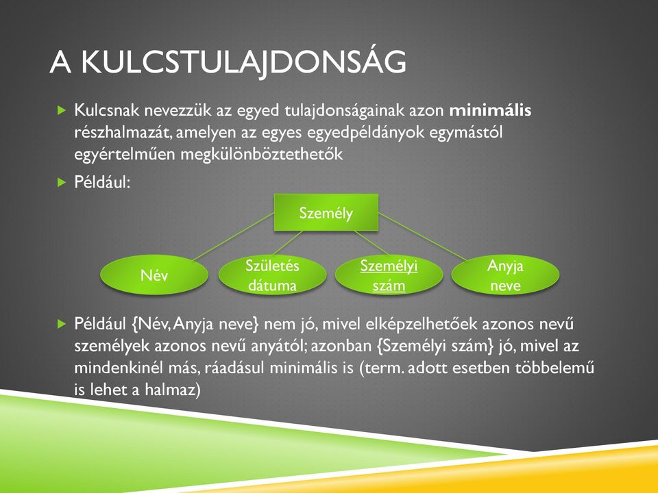 Anyja neve Például {Név, Anyja neve} nem jó, mivel elképzelhetőek azonos nevű személyek azonos nevű anyától;