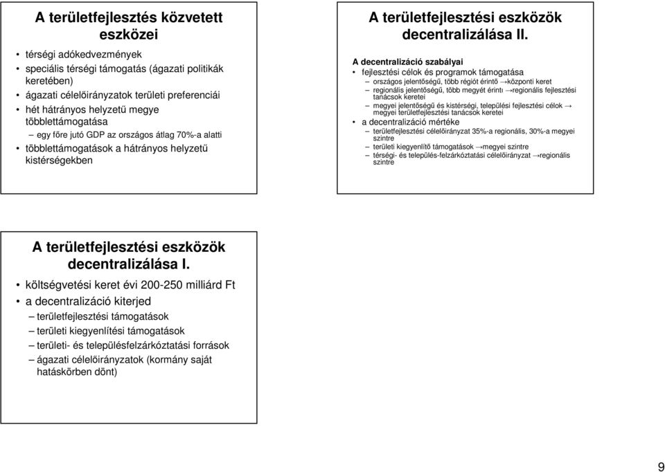 A decentralizáció szabályai fejlesztési célok és programok támogatása országos jelentıségő, több régiót érintı központi keret regionális jelentıségő, több megyét érintı regionális fejlesztési