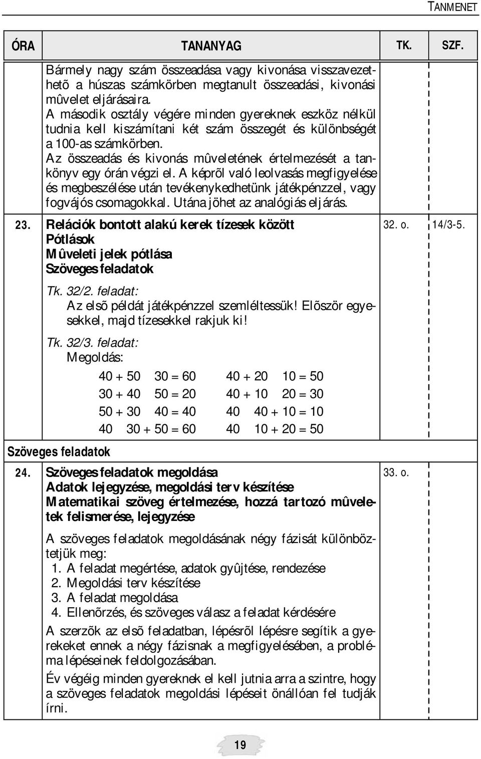 Az összeadás és kivonás mûveletének értelmezését a tankönyv egy órán végzi el. A képrõl való leolvasás megfigyelése és megbeszélése után tevékenykedhetünk játékpénzzel, vagy fogvájós csomagokkal.