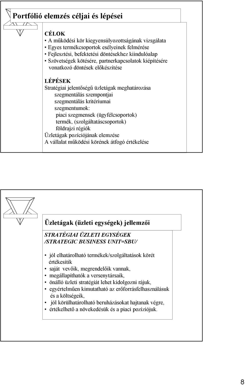 szegmensek (ügyfélcsoportok) termék, (szolgáltatáscsoportok) földrajzi régiók Üzletágak pozíciójának elemzése A vállalat működési körének átfogóértékelése Üzletágak (üzleti egységek) jellemzői