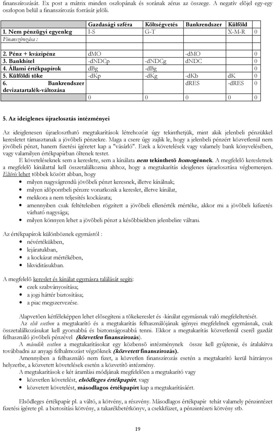 Állami értékpapírok dbg -dbg 0 5. Külföldi tõke -dkp -dkg -dkb dk 0 6. Bankrendszer dres -dres 0 devizatartalék-változása 0 0 0 0 0 5.