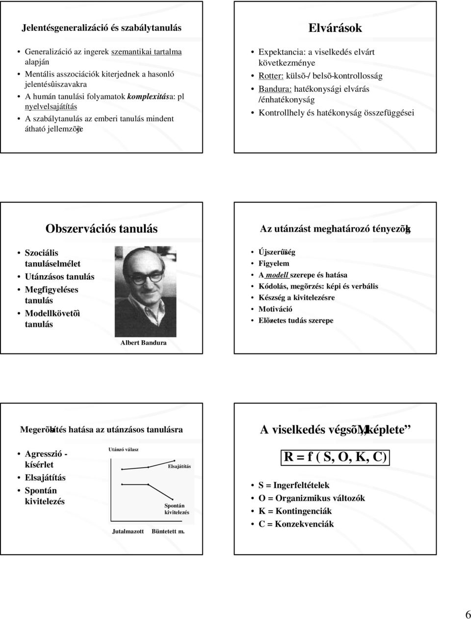 elvárás /énhatékonyság Kontrollhely és hatékonyság összefüggései Obszervációs tanulás Szociális tanuláselmélet Utánzásos tanulás Megfigyeléses tanulás Modellkövetõì tanulás Az utánzást meghatározó