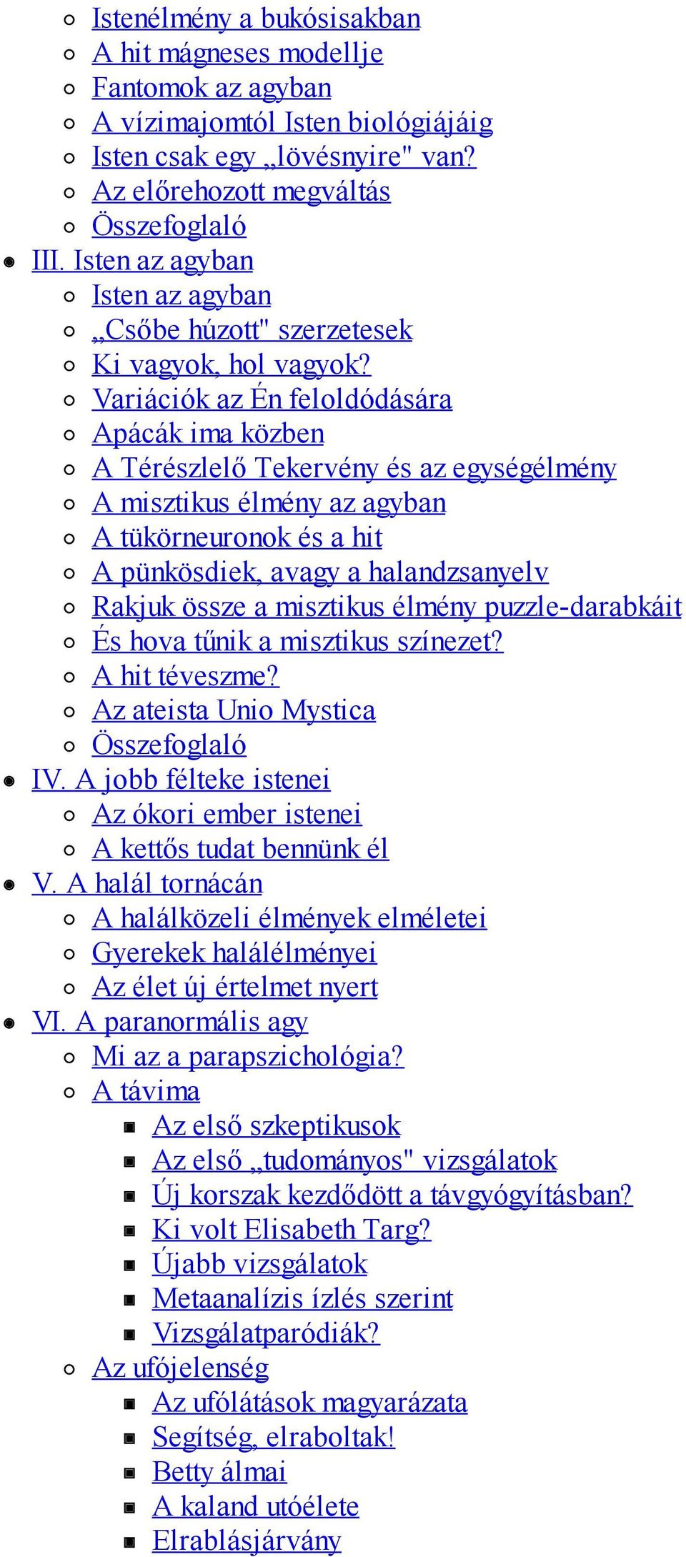 Variációk az Én feloldódására Apácák ima közben A Térészlelő Tekervény és az egységélmény A misztikus élmény az agyban A tükörneuronok és a hit A pünkösdiek, avagy a halandzsanyelv Rakjuk össze a