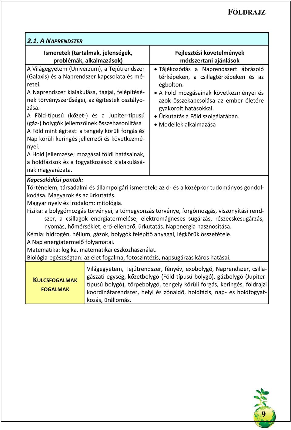 A Föld-típusú (kőzet-) és a Jupiter-típusú (gáz-) bolygók jellemzőinek összehasonlítása A Föld mint égitest: a tengely körüli forgás és Nap körüli keringés jellemzői és következményei.