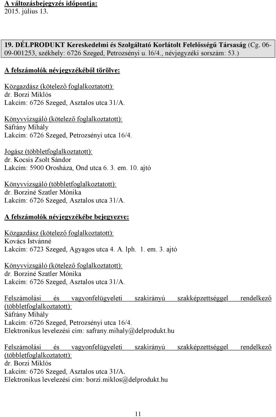 Kocsis Zsolt Sándor Lakcím: 5900 Orosháza, Ond utca 6. 3. em. 10. ajtó Könyvvizsgáló dr. Borziné Szatler Mónika Lakcím: 6726 Szeged, Asztalos utca 31/A.