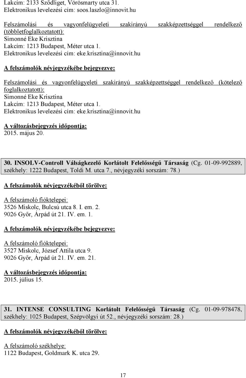 INSOLV-Controll Válságkezelő Korlátolt Felelősségű Társaság (Cg. 01-09-992889, székhely: 1222 Budapest, Toldi M. utca 7., névjegyzéki sorszám: 78.