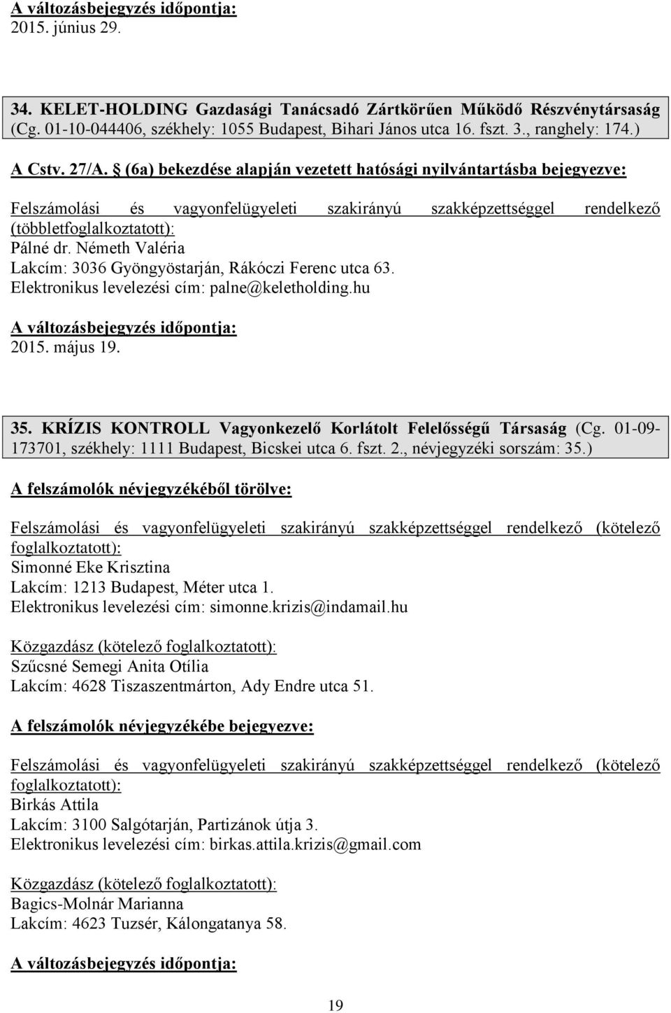 hu 2015. május 19. 35. KRÍZIS KONTROLL Vagyonkezelő Korlátolt Felelősségű Társaság (Cg. 01-09- 173701, székhely: 1111 Budapest, Bicskei utca 6. fszt. 2., névjegyzéki sorszám: 35.