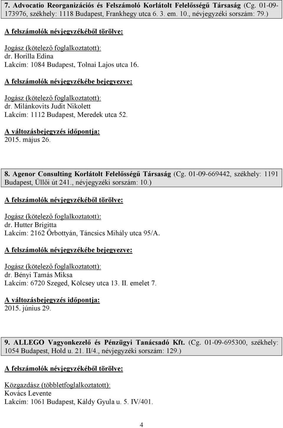 Agenor Consulting Korlátolt Felelősségű Társaság (Cg. 01-09-669442, székhely: 1191 Budapest, Üllői út 241., névjegyzéki sorszám: 10.) Jogász (kötelező dr.