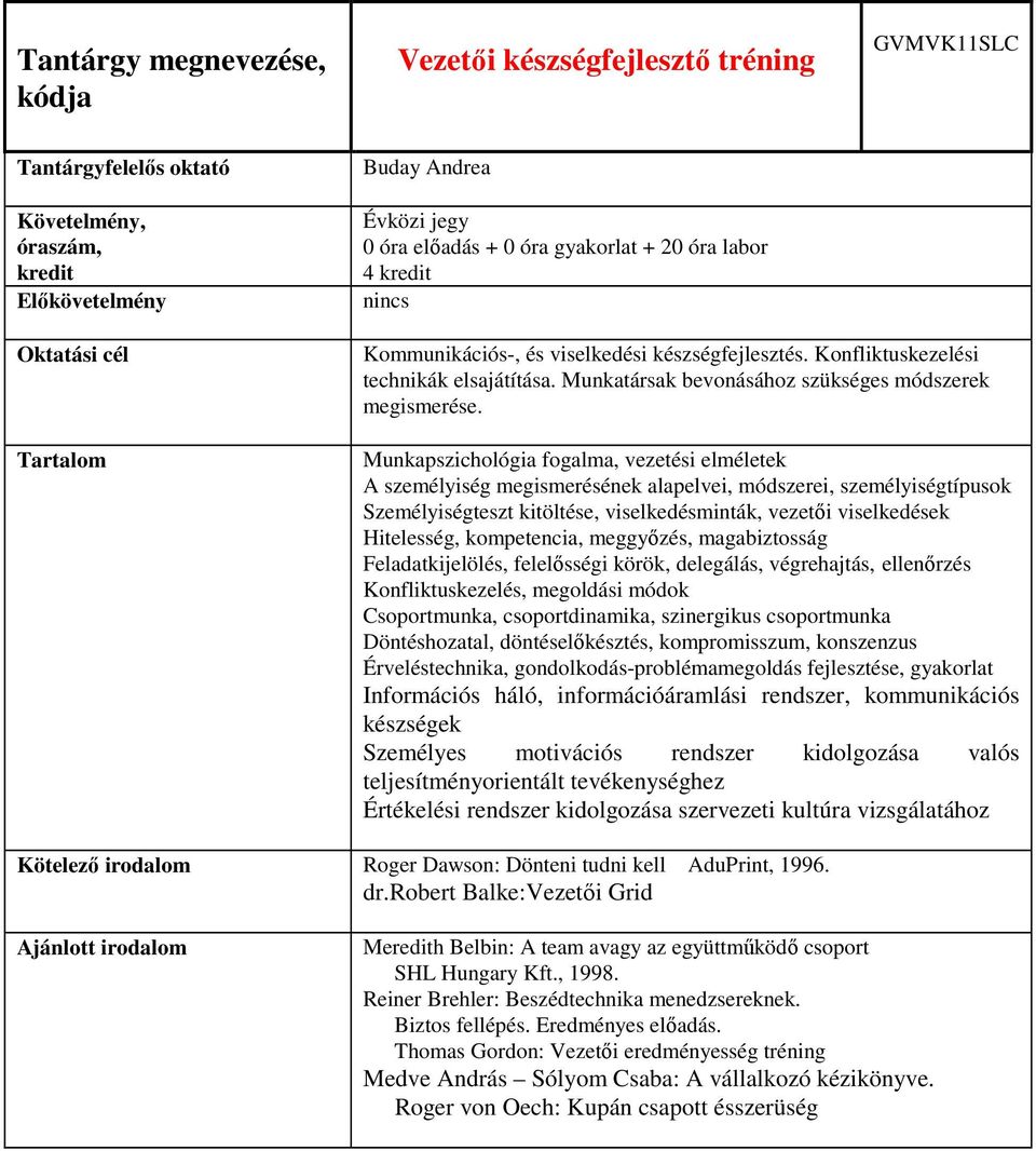 Munkapszichológia fogalma, vezetési elméletek A személyiség megismerésének alapelvei, módszerei, személyiségtípusok Személyiségteszt kitöltése, viselkedésminták, vezetői viselkedések Hitelesség,